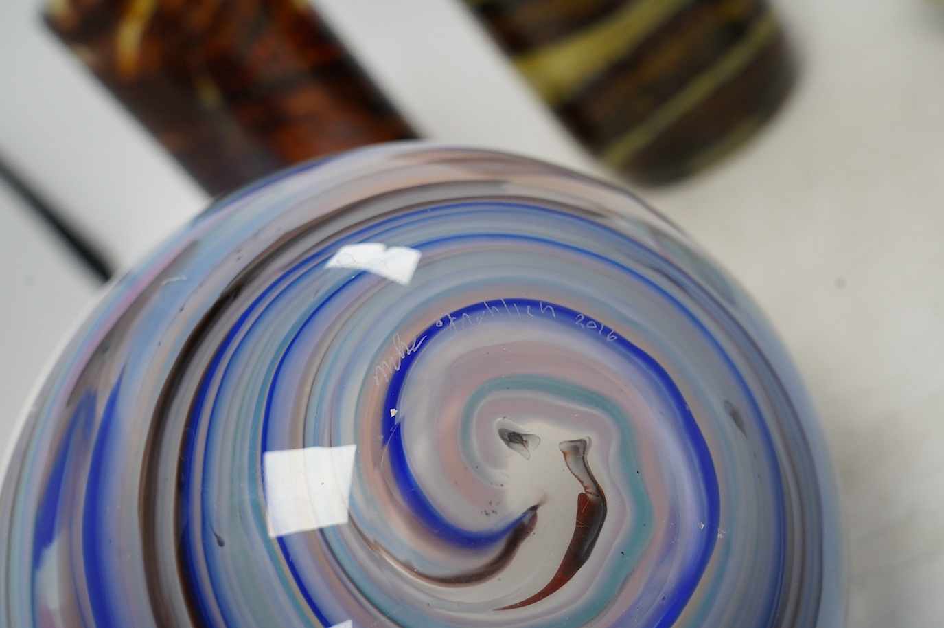 Two Michael Harris glass vases and two Mike Frohlich glass items, tallest 25cm. Condition - good